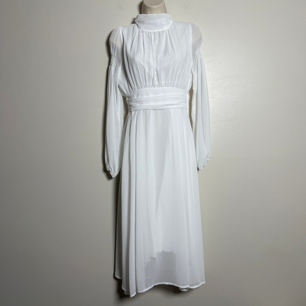 Womens Bridal Midi Dress Small Chiffon Mock‎ Neck Lined Modest Wedding Brunch